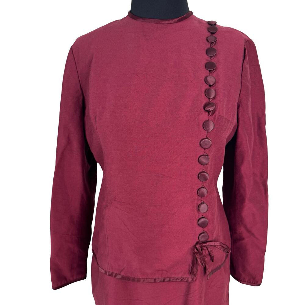 Vintage 80s Maroon Dress Faux Suit 40s Revival Secretary Asymmetrical M